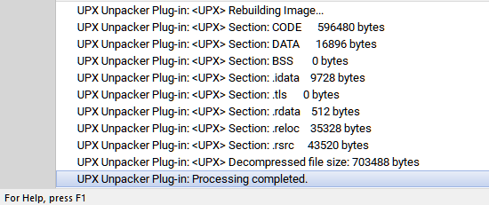 UPX Unpacker log window